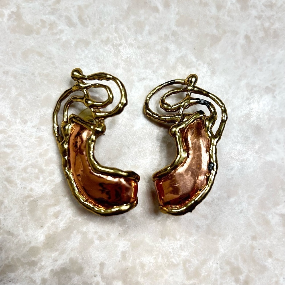 Handmade modern artisan brass and copper pierced earrings